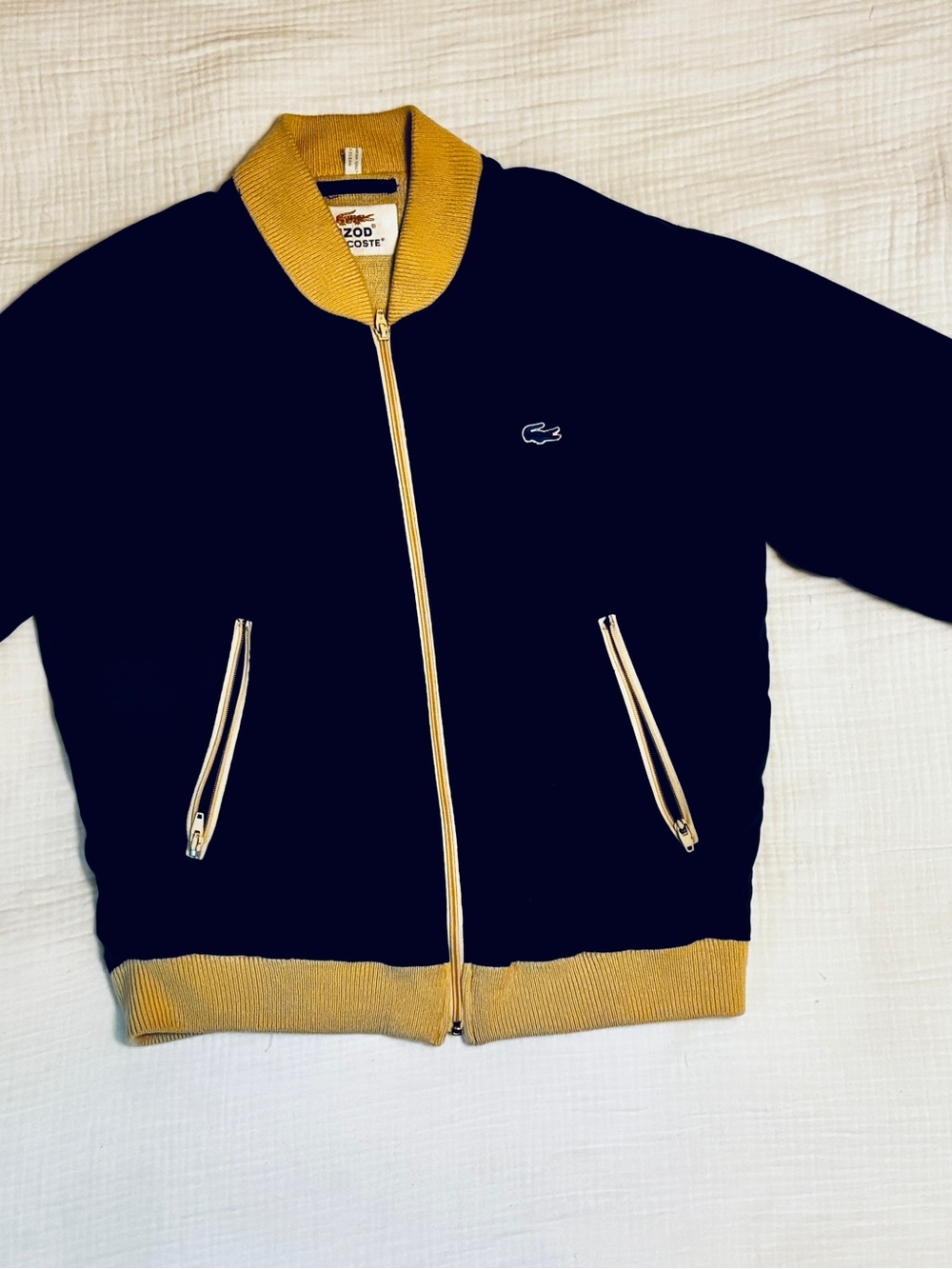Vintage Izod Lacoste Navy & Tan Full-Zip Bomber Jacket Size MP (Medium/Petite)